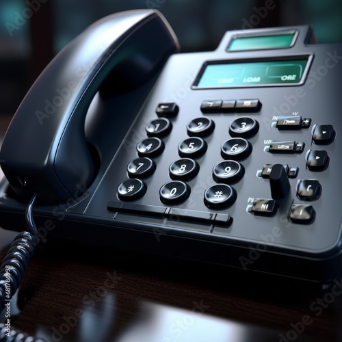 A VoIP phone on a desk is presented in closeup macro, highlighting its intricate details.