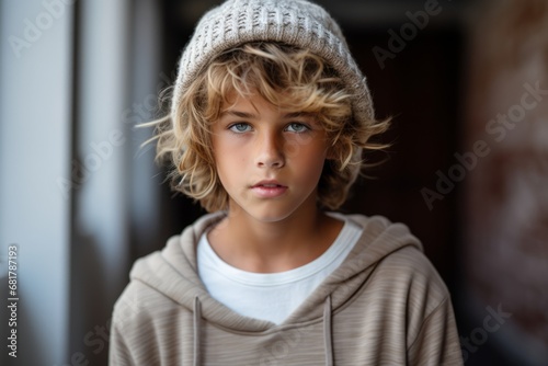 Portrait of a boy in a knitted cap and a sweater photo