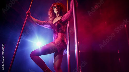 A retro stripper woman dancing on a pole