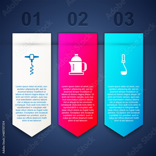 Set Wine corkscrew, French press and Kitchen ladle. Business infographic template. Vector
