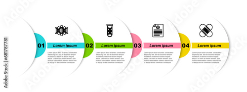 Set line Genetic engineering, DNA research, search, Clinical record and Crossed bandage plaster. Business infographic template. Vector
