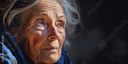 elderly woman, acrylic paint, incredibly lifelike details, wrinkles, sunspots, piercing blue eyes