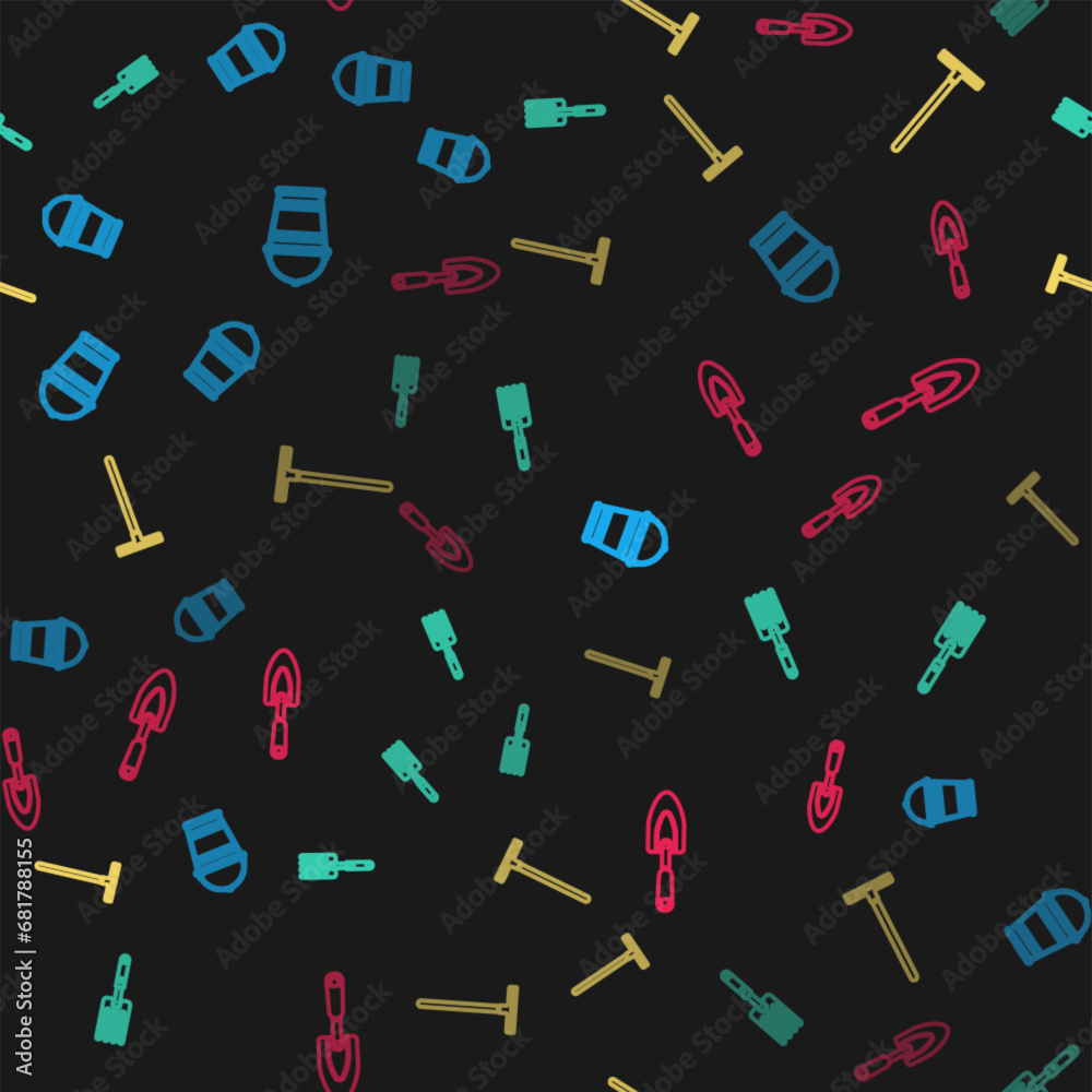 Set line Bucket, Garden fork, rake and trowel spade shovel on seamless pattern. Vector Set line Bucket, Garden fork, rake and trowel spade shovel on seamless pattern. Vector