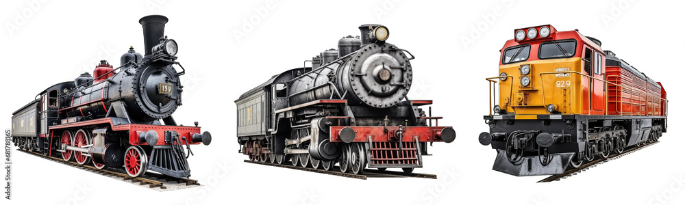 Collection of locomotives on a white or transparent background generative ai Collection of locomotives on a white or transparent background generative ai