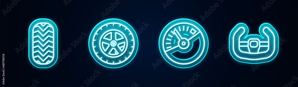 Set line Car tire, wheel, Speedometer and Sport steering. Glowing neon icon. Vector Set line Car tire, wheel, Speedometer and Sport steering. Glowing neon icon. Vector