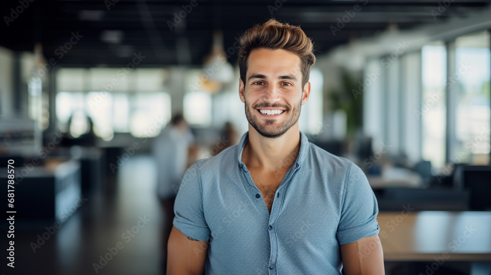 Tech Entrepreneur Portrait: Young male, modern casual style, confident smile, in a high-tech office setting, bright and airy atmosphere