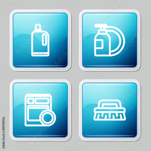 Set line Fabric softener, Dishwashing liquid bottle and plate, Kitchen dishwasher machine and Brush for cleaning icon. Vector
