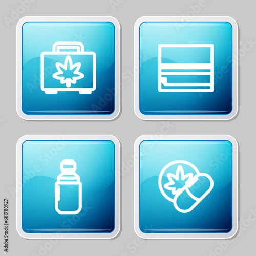 Set line Shopping box of marijuana, Rolling paper, Marijuana or cannabis olive oil and Herbal ecstasy tablets icon. Vector