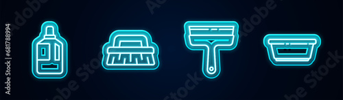 Set line Fabric softener, Brush for cleaning, Rubber cleaner windows and Plastic basin. Glowing neon icon. Vector