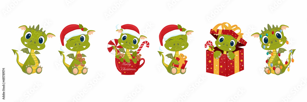 Fototapeta premium Cute little green dragon. Dragon set. Symbol of the year, on a white background. Surprise. A gift for Christmas. Isolated vector illustration