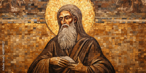 Byzantine mosaic of a religious figure, intricate detailing, gold leaf background, soft, ambient cathedral lighting, aged appearance