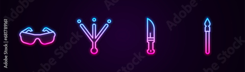 Set line Glasses, Bird footprint, Hunter knife and Medieval spear. Glowing neon icon. Vector