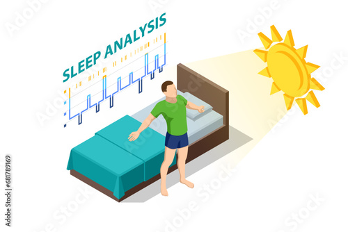 Isometric man relies on gadgets during sleep. An app on a fitness tracker. The tracker monitors both heart rate and sleep quality for diagnostics.
