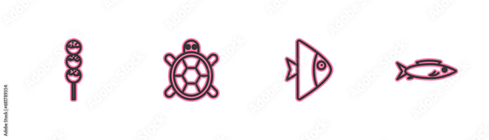 Obraz premium Set line Takoyaki on a stick, Fish, Turtle and icon. Vector