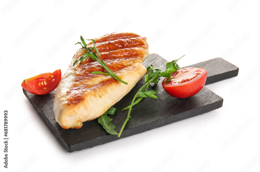 Black board of tasty grilled chicken breast with arugula and tomatoes on white background Black board of tasty grilled chicken breast with arugula and tomatoes on white background