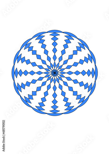 rosette mit 16 strahlen aus bluem rautenmuster, modernes abstraktes design, 3D,