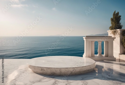 White marble podium with sea view on background High quality photo