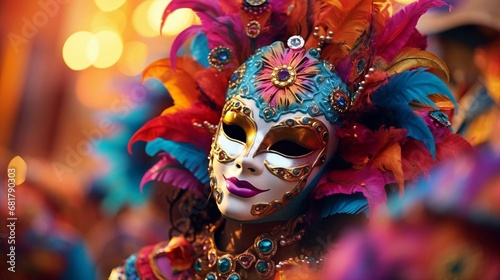 a mask with colorful feathers