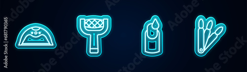 Set line Manicure lamp, Nail file, and False nails. Glowing neon icon. Vector