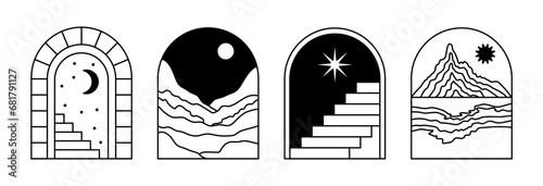 Vector illustrations in simple line style, boho abstract prints, simple arcs with natural landscapes with mountains and hills, stairs and mystic elements, logo design and print template, summer hotel,