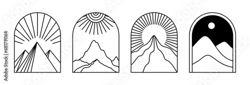 Vector illustrations in simple line style, boho abstract prints, simple arcs with natural landscapes with mountains and hills, stairs and mystic elements, logo design