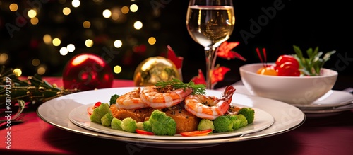At the bustling Christmas restaurant in City, a delicious meal of shrimp, mole, romeritos, and vegetables was prepared in the kitchen. The table was adorned with a festive Xmas plate filled with photo