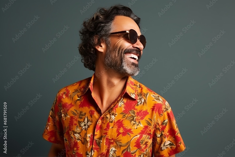 Portrait of a handsome middle-aged man wearing sunglasses and a colorful shirt Portrait of a handsome middle-aged man wearing sunglasses and a colorful shirt
