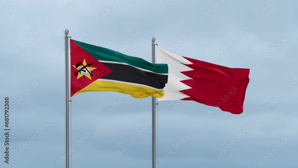 Bahrain flag and Mozambique flag waving together on cloudy sky, endless seamless loop, two country relations concept