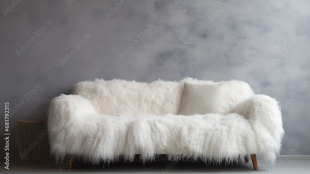 Cozy cute sofa with white furry sheepskin fluffy throw and pillows against wall with copy space. Hygge, scandinavian home interior design of modern living room Cozy cute sofa with white furry sheepskin fluffy throw and pillows against wall with copy space. Hygge, scandinavian home interior design of modern living room