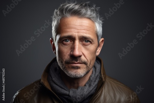 Portrait of a senior man with grey hair and beard wearing a leather jacket © Igor