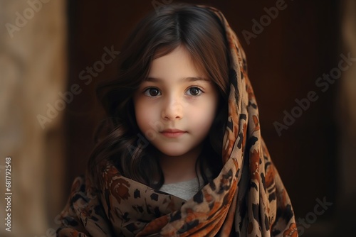 portrait of a little girl with long hair wrapped in a blanket