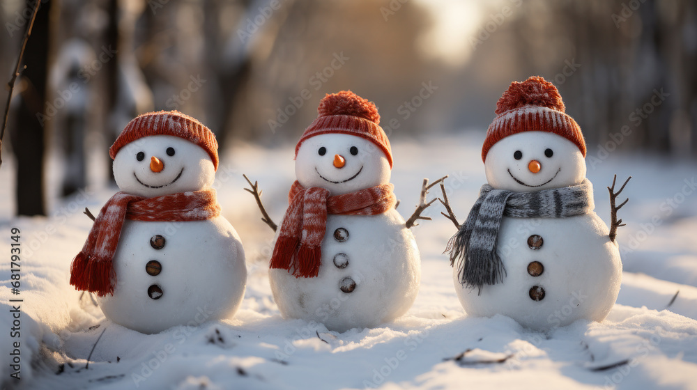 Fototapeta premium happy snowmen in winter landscape. Generative AI