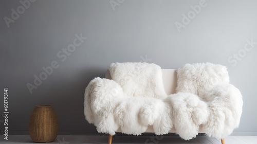 Cozy cute sofa with white furry sheepskin fluffy throw and pillows against wall with copy space. Hygge, scandinavian home interior design of modern living room