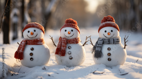 happy snowmen in winter landscape. Generative AI