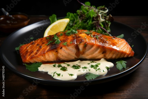 Grilled salmon food nature. Lemon dish. Generate Ai