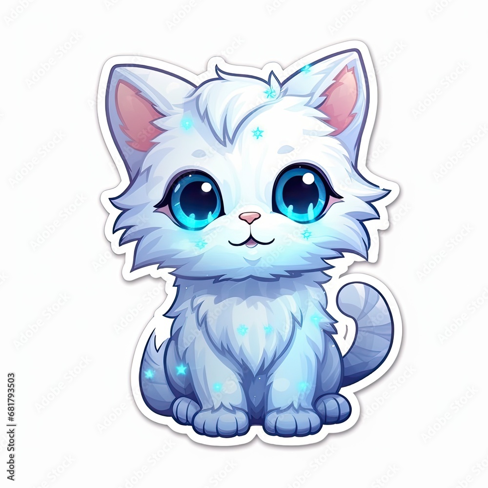 Fototapeta premium Christmas emoji sticker with white kitten, cute cat. Cartoon emoticon with a kitten. Bioluminescent cat. Collection of Christmas emoticons and logos. Collection of bioluminescent stickers. Generative 