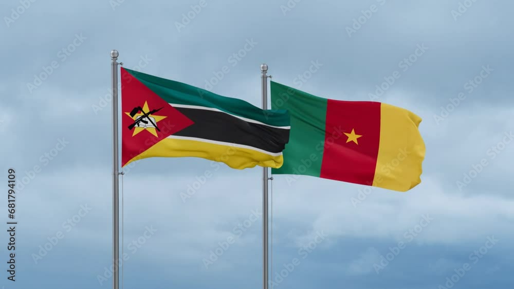 Cameroon flag and Mozambique flag waving together on cloudy sky, endless seamless loop, two country relations concept Cameroon flag and Mozambique flag waving together on cloudy sky, endless seamless loop, two country relations concept