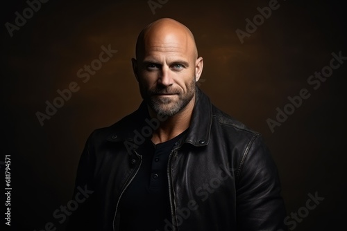 Portrait of a bald man in a leather jacket on a dark background