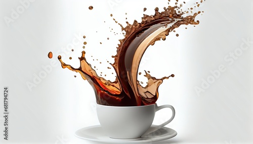 Pouring splash coffee white cup Isolated background clipping path 3d rendering hot drink dripped brown abstract black liquid fluid cafes beverage food motion splashing espresso flow fresh mocha