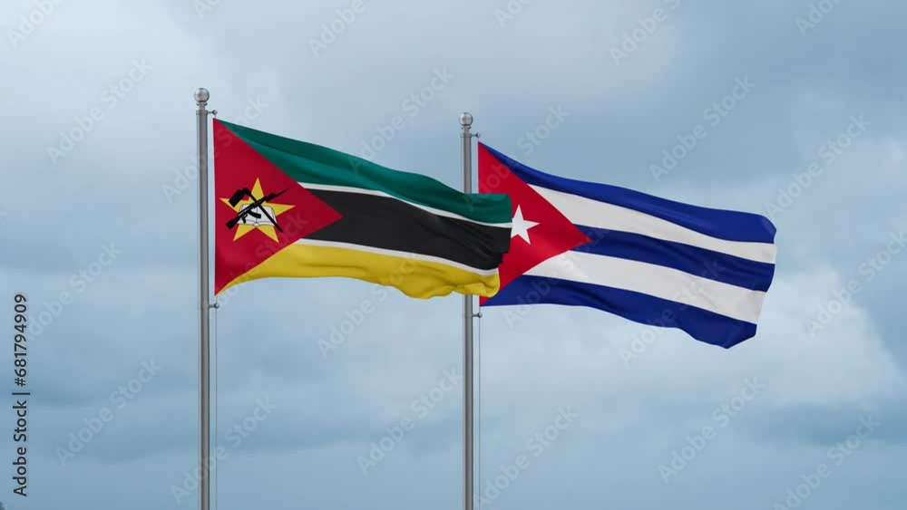 Cuba and Mozambique flag waving together on cloudy sky, endless seamless loop, two country cooperation concept Cuba and Mozambique flag waving together on cloudy sky, endless seamless loop, two country cooperation concept