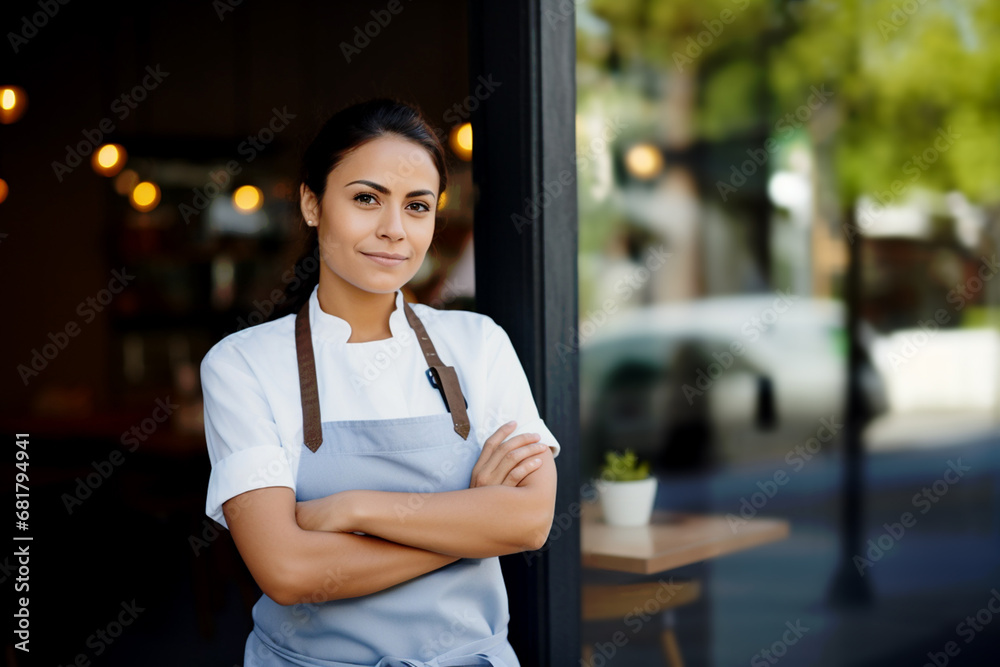 Young woman entrepreneur in a shirt and apron, standing in front of her cafe and thinking about a good idea