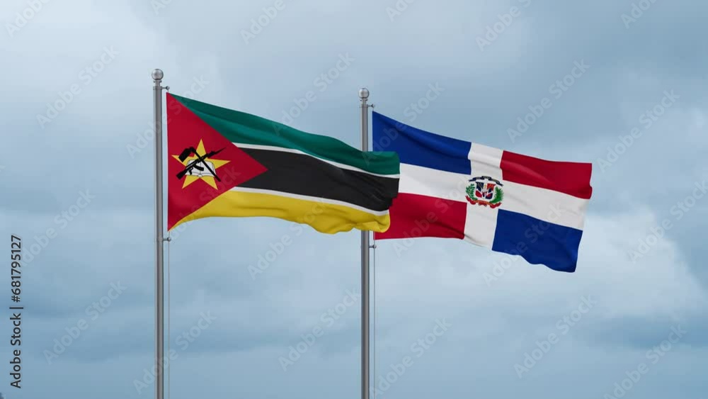 Dominican Republic flag and Mozambique flag waving together on cloudy sky, endless seamless loop, two country relations concept