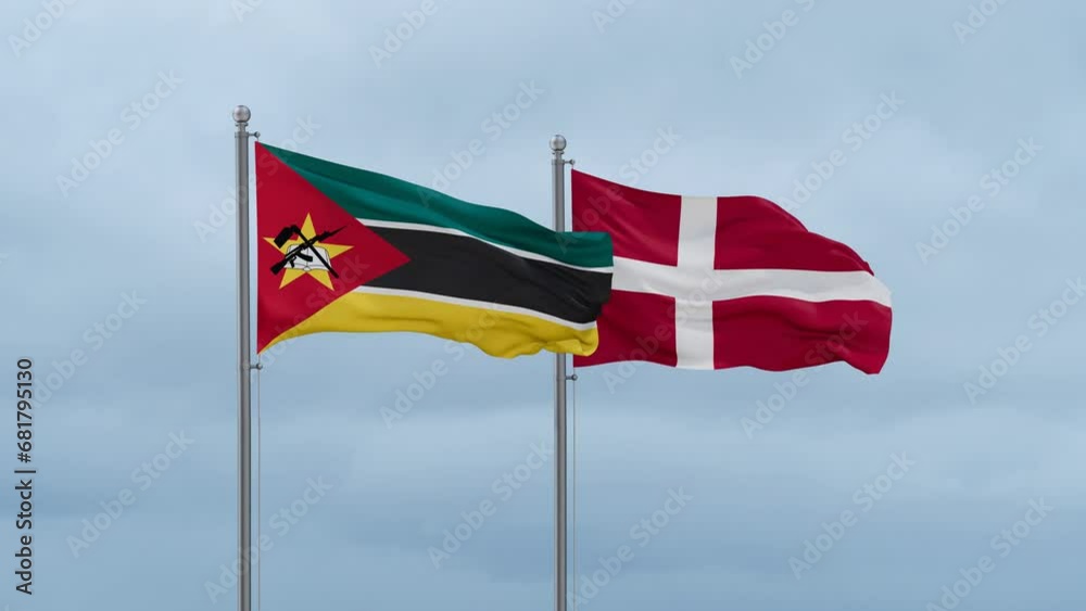 Denmark flag and Mozambique flag waving together on cloudy sky, endless seamless loop, two country relations concept Denmark flag and Mozambique flag waving together on cloudy sky, endless seamless loop, two country relations concept
