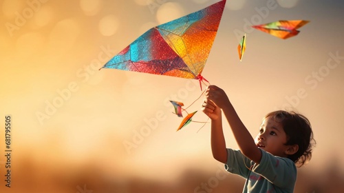 a young boy flying a kite photo