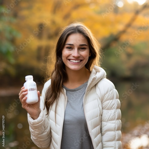 Outdoors in the fall, a young woman holds a small white vitamins bottle, smiling.