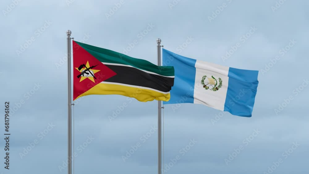 Guatemala flag and Mozambique flag waving together on cloudy sky, endless seamless loop, two country relations concept Guatemala flag and Mozambique flag waving together on cloudy sky, endless seamless loop, two country relations concept