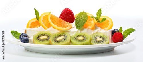 In a white background, an isolated plate of tropical fruit dessert catches the eye with its vibrant colors of green, orange, and yellow, showcasing nature's bounty and promoting a healthy and natural
