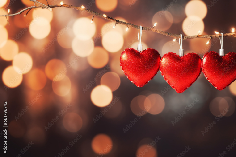 Valentine day love beautiful hearts hanging on branch of tree