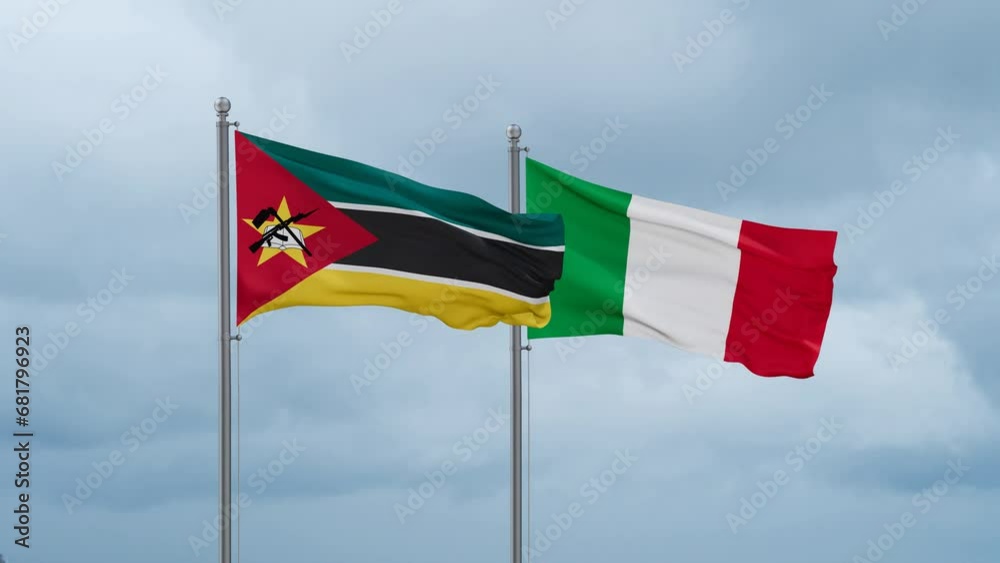 Italy and Mozambique flag waving together on cloudy sky, endless seamless loop, two country cooperation concept Italy and Mozambique flag waving together on cloudy sky, endless seamless loop, two country cooperation concept
