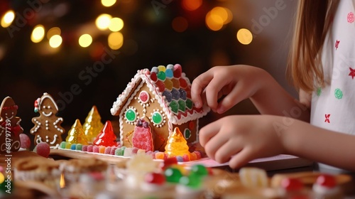 a girl eating a gingerbread house